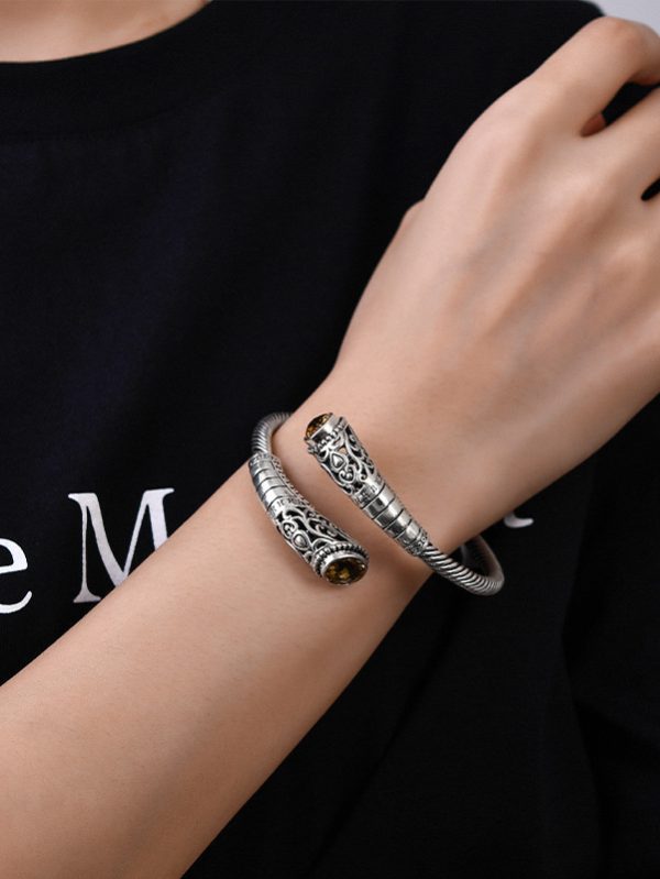 Retro Indonesian Wind Silver Template inlaid Crystal Open Bracelet Heavy Industry Personality Design Bracelet Ms.